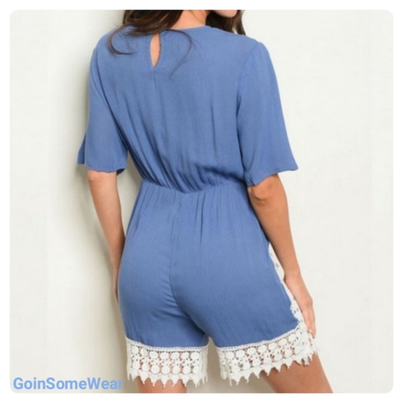 Blue White Lace Crochet Trim Short Sleeve Romper - Picture 3 of 3